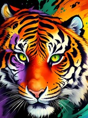 Beautiful colorful tiger face portrait yellow eyes head on multicolored background in aquarelle style, creative abstract background with orange purple green watercolor painting. Generative AI