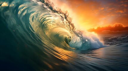 Sunset View of a Wave crushing into the Sea