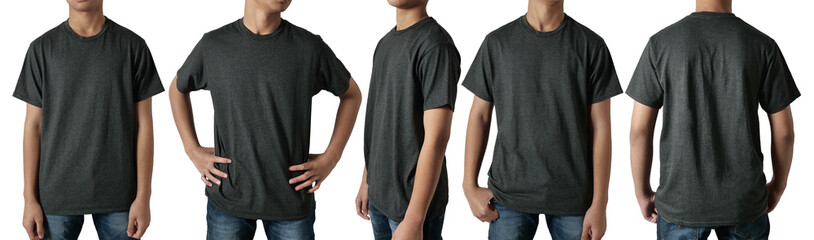Black t-shirt mock up, front, side and back view, isolated. Teenage male model wear plain heather...