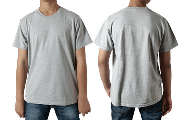 Blank shirt mock up template, front and back view, Asian teenage male model wearing plain heather grey t-shirt isolated on white. Tee design mockup presentation for print