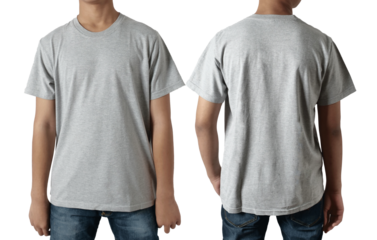 Blank shirt mock up template, front and back view, Asian teenage male model wearing plain heather grey t-shirt isolated on white. Tee design mockup presentation for print