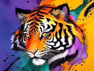 Colorful orange yellow purple green tiger portrait head on multicolored background in aquarelle style, creative abstract background with colourful black ink liquid watercolor painting. Generative AI