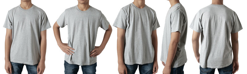 Blank shirt mock up template, front, side and back view, Asian teenage male model wearing plain...