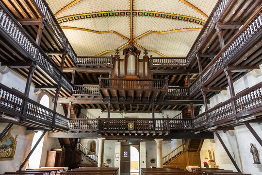 Interior of Church of Holy Martin (Eglise Saint-Martin de Sare, XVII century) - most beautiful churches of Basque Country, situated in heart of Sare village. Sare, France. September 11, 2020.