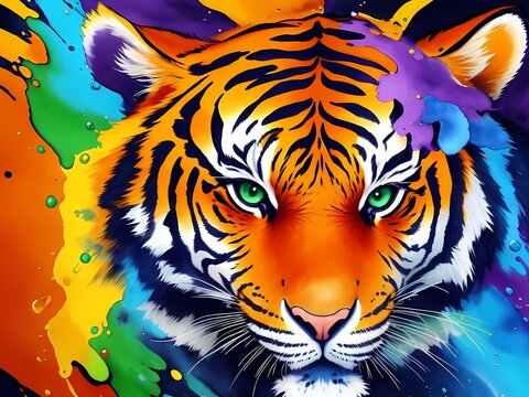 Colorful orange yellow blue purple tiger portrait green eyes head on multicolored background in aquarelle style, creative abstract background with colourful watercolor painting. Generative AI