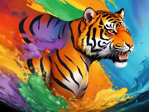 Colorful orange purple blue tiger body portrait head on multicolored background in aquarelle style, creative abstract background with colourful fluid liquid watercolor painting. Generative AI