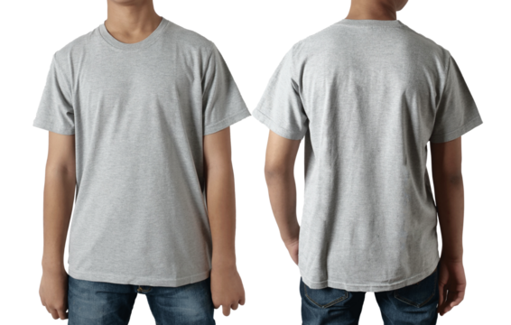 Blank shirt mock up template, front and back view, Asian teenage male model wearing plain heather grey t-shirt isolated on white. Tee design mockup presentation for print