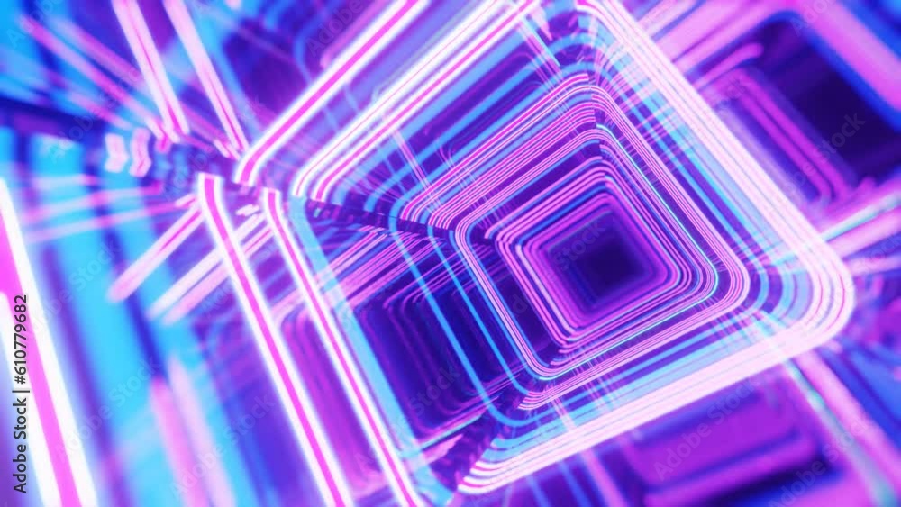 Poster blue purple line pattern. 4k seamless looped animation. fly through mirror tunnel with neon pattern,