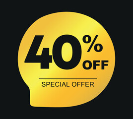 40% off. Golden, black color. Special Offer. Vector illustration price discount. Campaign for retail, stores