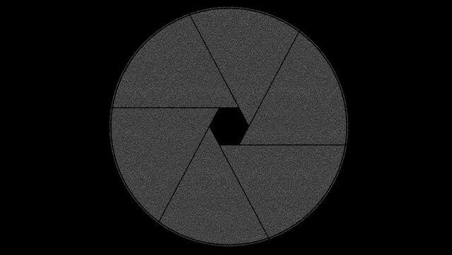 Aperture Diaphragm and Shooting Pictures in the Same Time. Shutter Speed and Camera f-stop Opening and closing. Textured Gray diaphragm Close Up in alpha or black background 