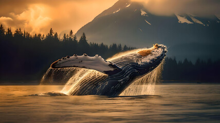 humpback whale in backlight jumping in the ocean - generative ai
