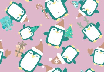 Christmas animals seamless penguin pattern for wrapping paper and fabrics and linens and kids clothes print