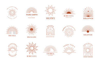 Bohemian linear sun logos, icons and symbols, minimalist arc and window design templates, geometric abstract design elements for decoration.