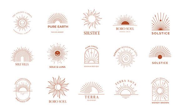 Bohemian linear sun logos, icons and symbols, minimalist arc and window design templates, geometric abstract design elements for decoration.