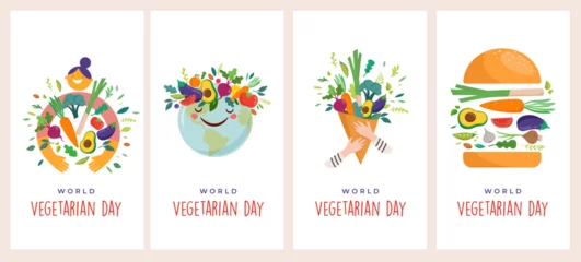 Deurstickers World Vegetarian Day, concept designs, posters, story templates set and illustration © Marina Zlochin