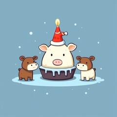 The bull is celebrating a birthday. Blows out the candles. Festive theme, Concept: Poster for a children's room. Baby print for nursery. The design can be used for fashion t-shirt, greeting card. illu