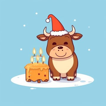 The bull is celebrating a birthday. Blows out the candles. Festive theme, Concept: Poster for a children's room. Baby print for nursery. The design can be used for fashion t-shirt, greeting card. illu