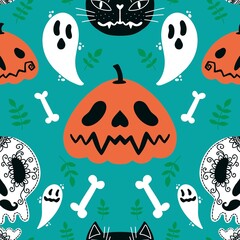 Halloween pumpkins seamless ghost and bones and cat pattern for wrapping paper and linens and fabrics