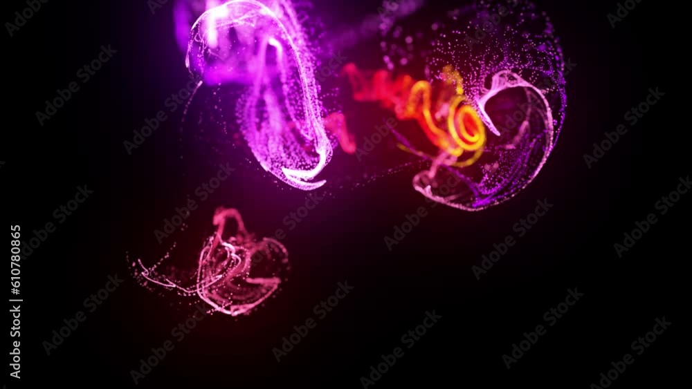 Poster inject fluorescent ink in water in 4k. 3d render of glow particles in ink flow. luma matte as alpha 