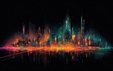 Futuristic bright night cityscape consisting of countless digital particles on a black background. Generative AI