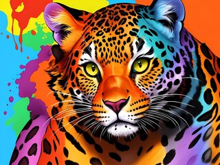 Colorful orange blue purple face leopard yellow eyes portrait head on multicolored rainbow texture background in aquarelle style, creative abstract background with colourful painting. Generative AI