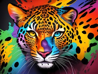 Colorful orange purple face leopard yellow blue eyes portrait head on multicolored rainbow texture background in aquarelle style, creative abstract with ink black colourful painting. Generative AI