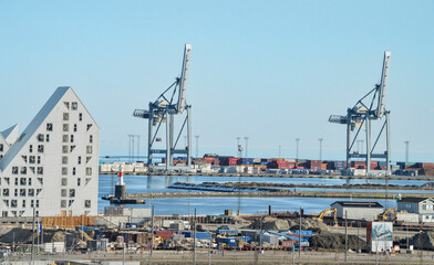 View over the Arhus Harbour. Then still a constructionsite for the famous Iceberg Building, nearing it's completion.