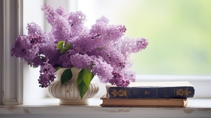 Bouquet of lilacs and old books, on a white windowsill. Generative AI