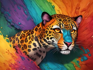 Colorful orange blue leopard profile portrait yellow eyes body head multicolored background in aquarelle style, creative abstract rainbow background with colourful watercolor painting. Generative AI