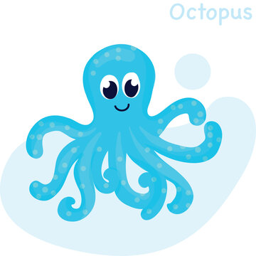 Cute blue octopus in the cartoon style. Kids illustration