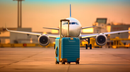 Suitcase in front of the plane at the airport, vacation, relocation, summer vacation concept - obrazy, fototapety, plakaty