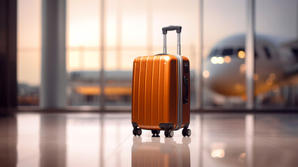 Suitcase in front of the plane at the airport, vacation, relocation, summer vacation concept