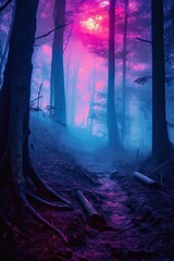 Sunset in the woods. AI generated art illustration.