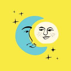 Sun and moon. Freaky quirky moon . Card in modern cartoon style
