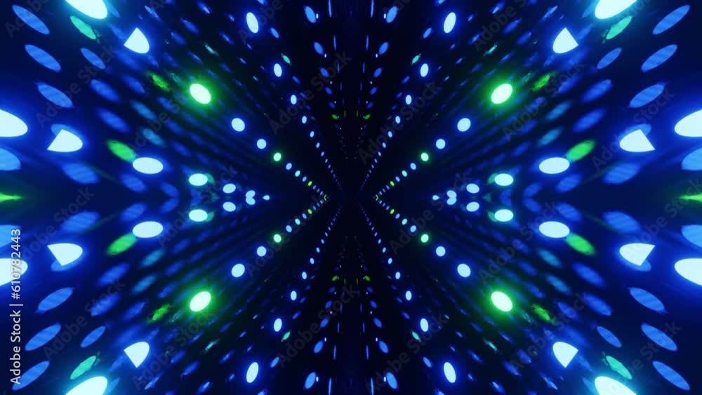 Poster 4k seamless looped animation. fly through mirror symmetrical tunnel with neon pattern, sci fi glow p