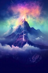 Clouds over the mountain. AI generated art illustration.