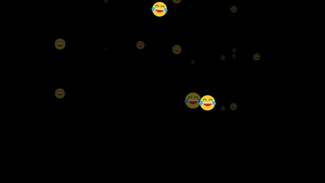 Laughing emojis alpha channel video. Laughter face floating upwards. Emoticons flying, 4k looped video. Funny social or digital media icon footage, isolated background.