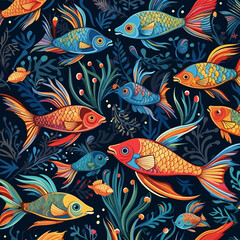 Fototapeta premium A seamless pattern with exotic tropical fishes. Cartoon underwater animals background. Colorful childish 