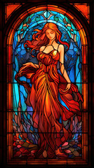 Obraz na płótnie Canvas stained glass window of a beautiful woman. Vibrant colors. AI generated image.