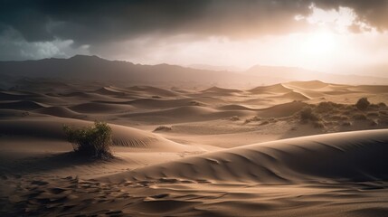 Desert with an approaching sandstorm. Forces of nature and natural disasters. sandstorm is coming.Generative AI