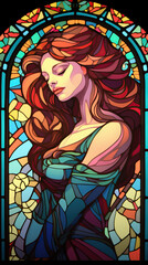 Naklejka na ściany i meble stained glass window of a beautiful woman. Vibrant colors. AI generated image.