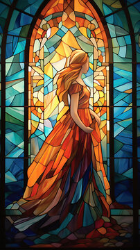 stained glass window of a beautiful woman. Vibrant colors. AI generated image.