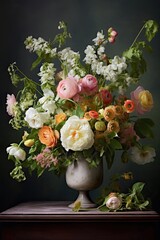 Bouquet of flowers in vase. AI generated art illustration.