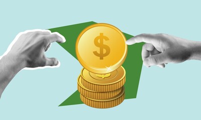 Photo collage of human hands and golden coins