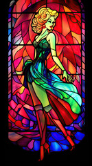stained glass window of a beautiful woman. Pin-up. Vibrant colors. AI generated image.