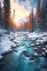 Winter landscape with river. AI generated art illustration.
