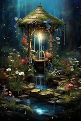 Christmas tree in the garden. AI generated art illustration.
