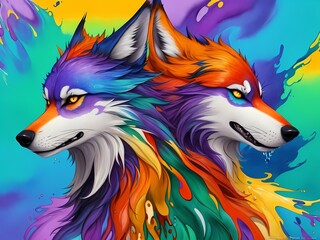 Colorful orange purple blue green two face wolf profile head on multicolored background in aquarelle style, creative abstract background with colourful ink watercolor painting. Generative AI