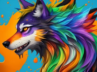 Colorful orange purple green face wolf profile portrait head on multicolored in aquarelle style, creative abstract yellow blue background with rainbow ink watercolor painting. Generative AI