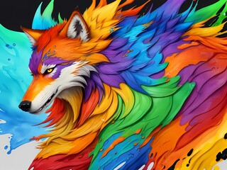 Colorful orange purple green yellow face wolf profile portrait head on multicolored in aquarelle style, creative abstract black blue background with rainbow ink watercolor painting. Generative AI